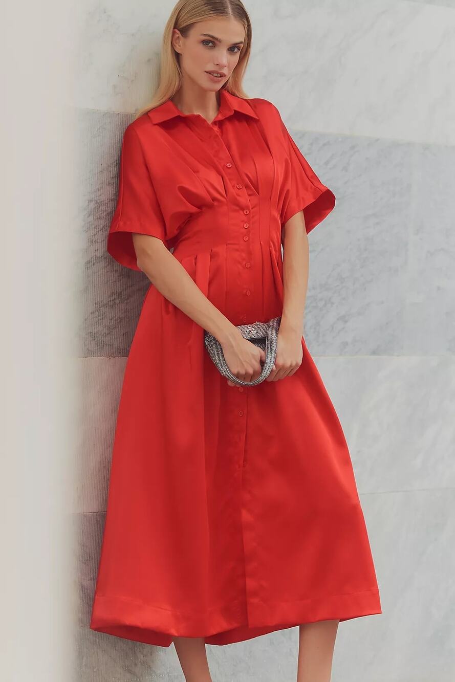NWT Anthropologie The Tobie Satin Shirt Dress by Exquise $198 SMALL Red